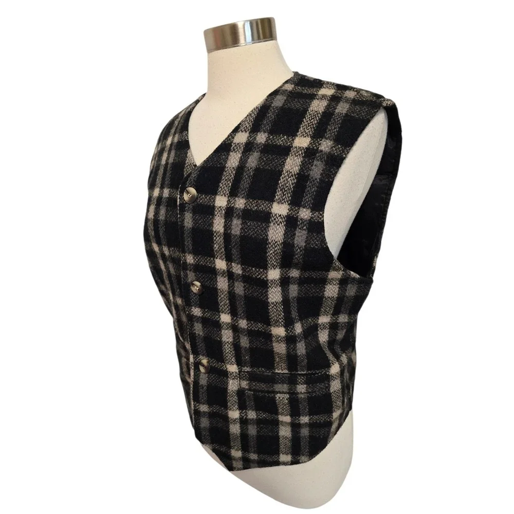 Womens Wool Vest Black White Plaid‎ Size Small 90s Vintage